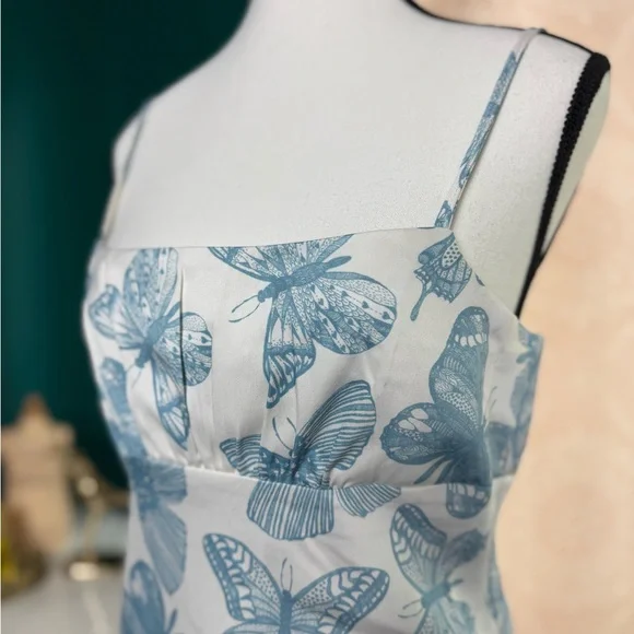 Shekou Butterfly Effect NWT 100% Satin Y2K Inspired Blue White Slip Dress - Picture 3 of 11